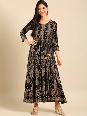 women's ankle length round neck black ethnic motifs anarkali kurta 4