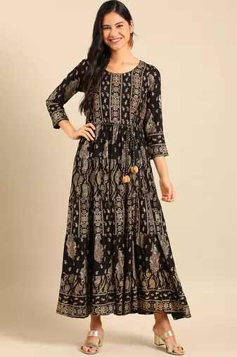 women's ankle length round neck black ethnic motifs anarkali kurta