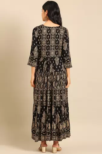 women's ankle length round neck black ethnic motifs anarkali kurta
