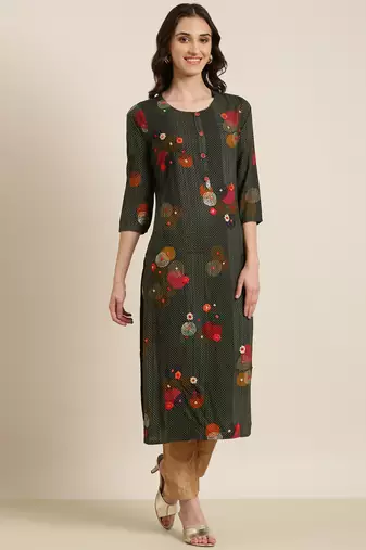 women's calf length round neck green floral straight kurta