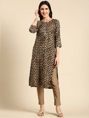 women's calf length round neck grey geometric straight kurta 1