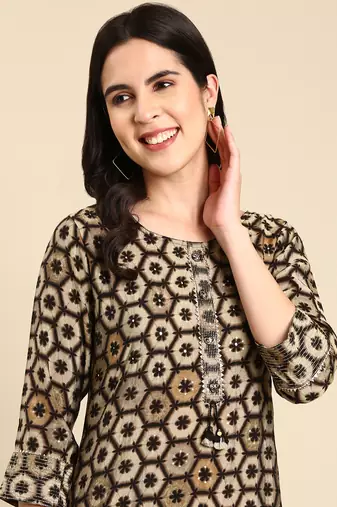 women's calf length round neck grey geometric straight kurta