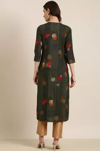 women's calf length round neck green floral straight kurta