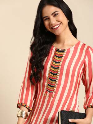 women's calf length round neck coral striped straight kurta 1