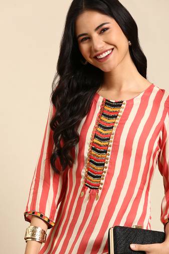 women's calf length round neck coral striped straight kurta