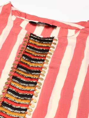women's calf length round neck coral striped straight kurta 2