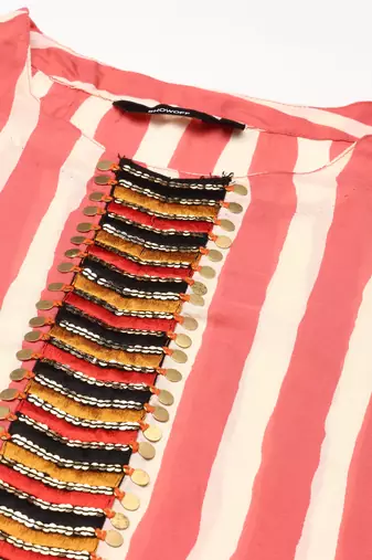 women's calf length round neck coral striped straight kurta