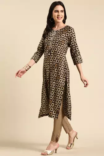 women's calf length round neck grey geometric straight kurta