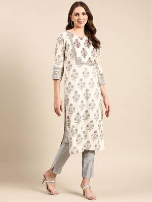 Showoff women's calf length round neck cream floral straight kurta 5