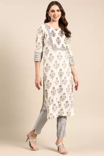 Showoff women's calf length round neck cream floral straight kurta