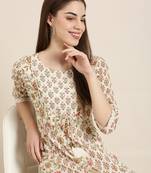 women's ankle length round neck cream floral anarkali kurta