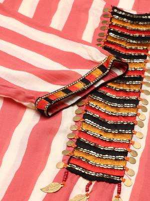women's calf length round neck coral striped straight kurta 3