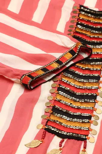 women's calf length round neck coral striped straight kurta