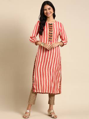 women's calf length round neck coral striped straight kurta 4