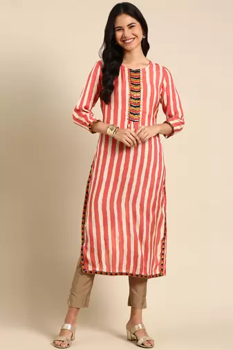 women's calf length round neck coral striped straight kurta