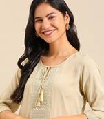 women's calf length round neck cream solid straight kurta