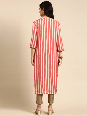 women's calf length round neck coral striped straight kurta 5