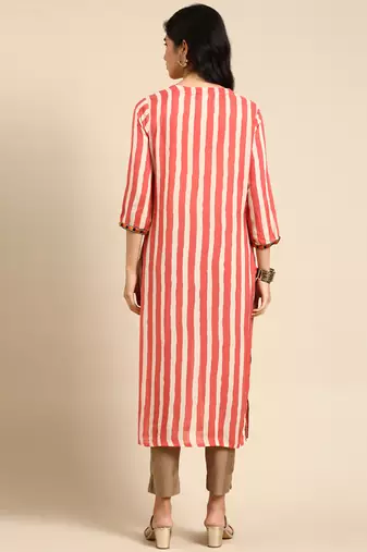 women's calf length round neck coral striped straight kurta