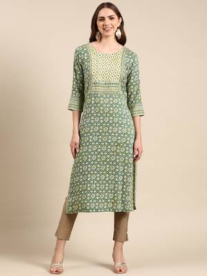 women's calf length round neck green bandhani straight kurta 1