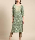 women's calf length round neck green bandhani straight kurta