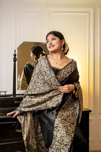Black Handloom silk blend Blend Weaving Saree Festive Wear
