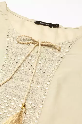 women's calf length round neck cream solid straight kurta