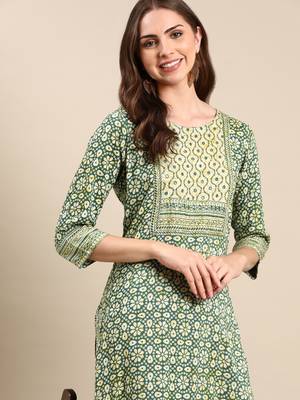 women's calf length round neck green bandhani straight kurta 2