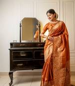 Orange Handloom Silk Blend Weaving Saree Festive Wear