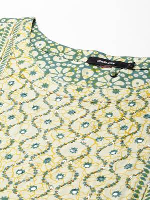 women's calf length round neck green bandhani straight kurta 3