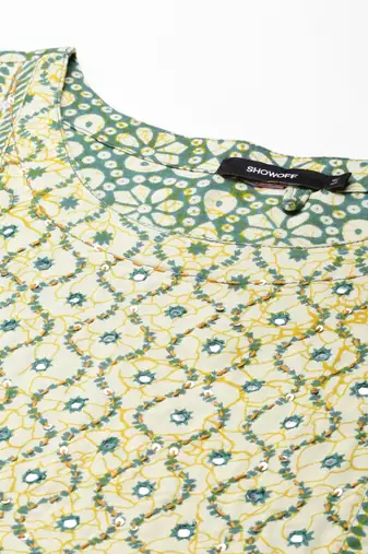 women's calf length round neck green bandhani straight kurta
