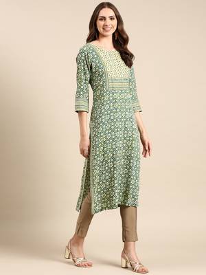 women's calf length round neck green bandhani straight kurta 5