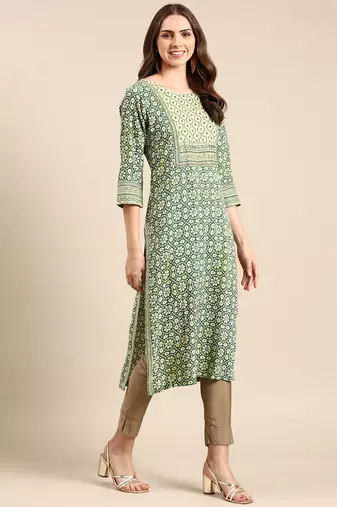 women's calf length round neck green bandhani straight kurta