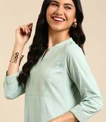 women's calf length mandarin collar sea green solid straight kurta