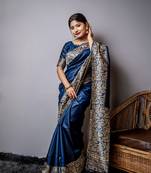 Blue Handloom Silk Blend Weaving Saree Festive Wear