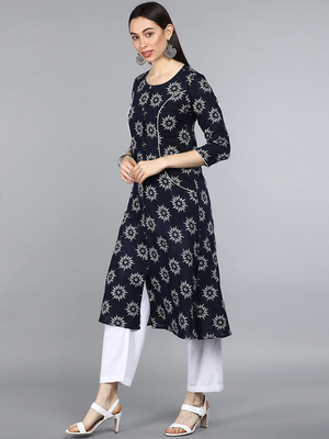women navy blue cotton ethnic motifs printed a-line kurta 3