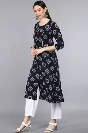 women navy blue cotton ethnic motifs printed a-line kurta