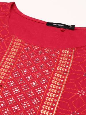 Showoff women's calf length round neck pink geometric straight kurta 2