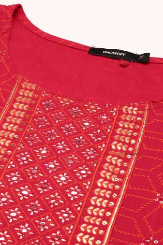 Showoff women's calf length round neck pink geometric straight kurta