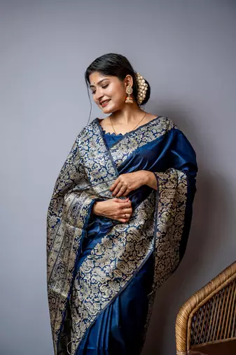 Blue Handloom silk blend Blend Weaving Saree Festive Wear