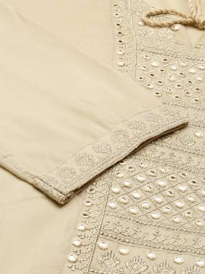 women's calf length round neck cream solid straight kurta 3