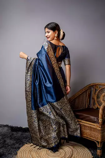 Blue Handloom silk blend Blend Weaving Saree Festive Wear
