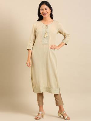 women's calf length round neck cream solid straight kurta 4
