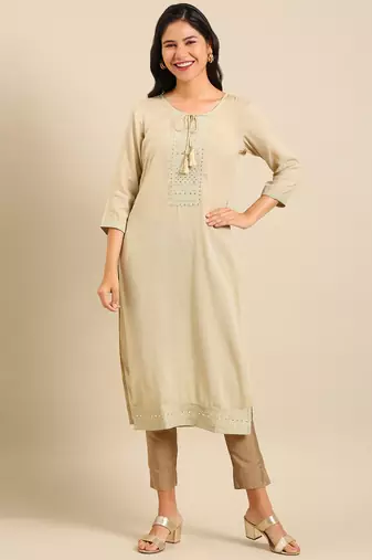 women's calf length round neck cream solid straight kurta