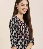 women's calf length round neck black ethnic motifs straight kurta