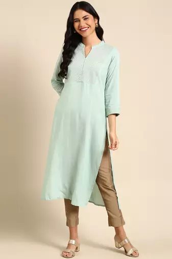 women's calf length mandarin collar sea green solid straight kurta