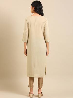 women's calf length round neck cream solid straight kurta 5