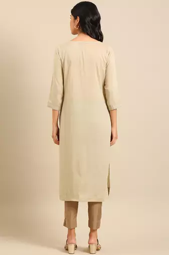 women's calf length round neck cream solid straight kurta