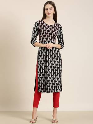 women's calf length round neck black ethnic motifs straight kurta 2