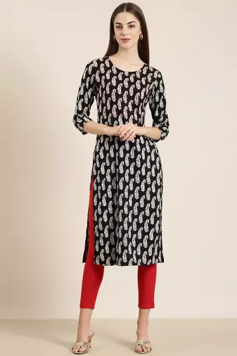 women's calf length round neck black ethnic motifs straight kurta