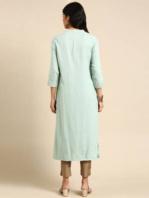 women's calf length mandarin collar sea green solid straight kurta 5